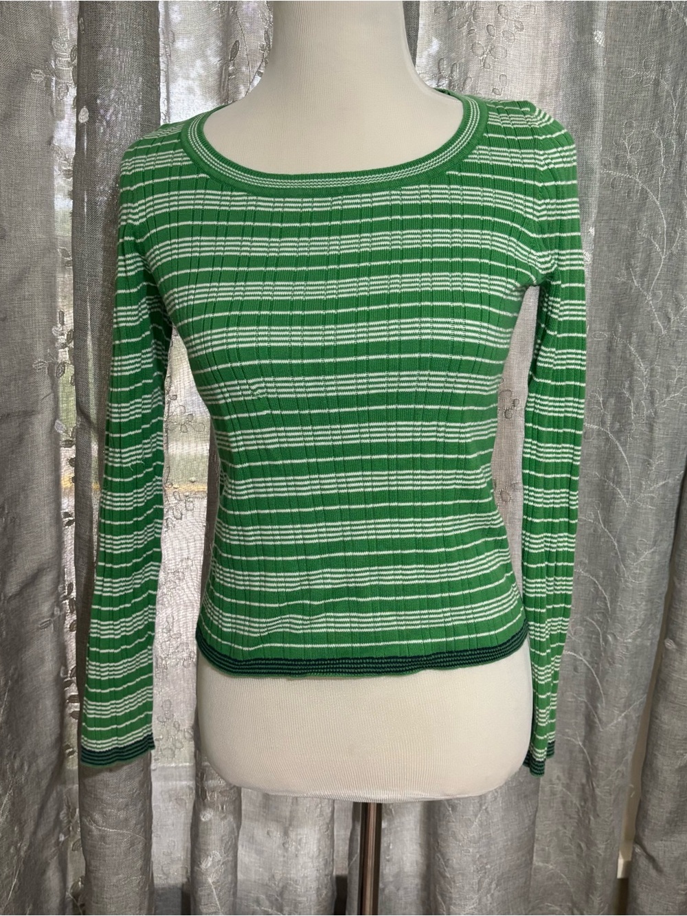 American Eagle Outfitters Green and White Striped Long-Sleeve Ribbed Top